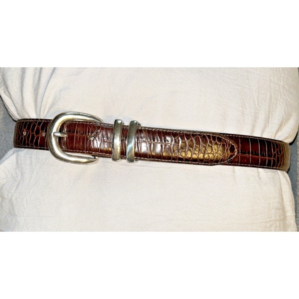 Vtg Brighton Leather Belt 40078 Silver Tone Brass Buckle‎ Dark Brown Ornate